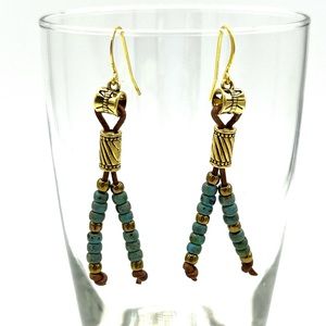 HAND CRAFTED Boho Leather Earrings with Gold and Turquoise